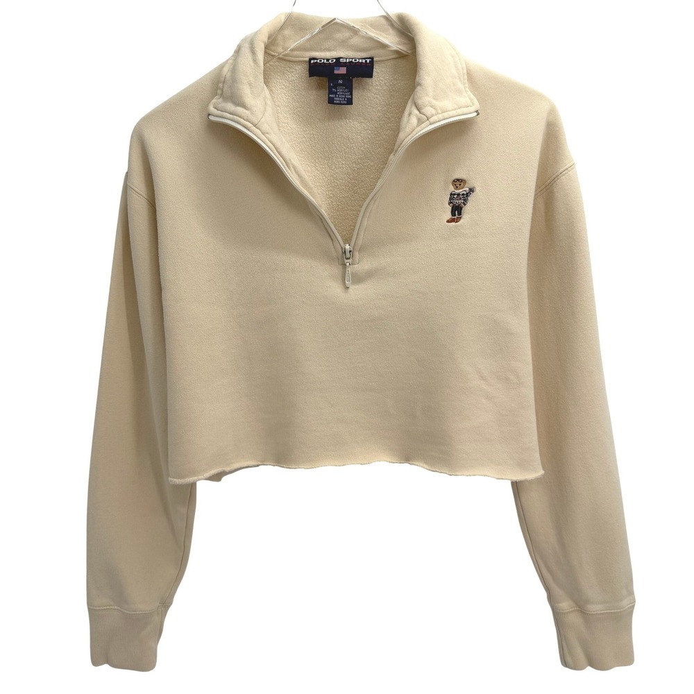 Vintage Ralph Lauren Polo Sport Bear Sweatshirt Size S Quarter Zip Cropped Cream